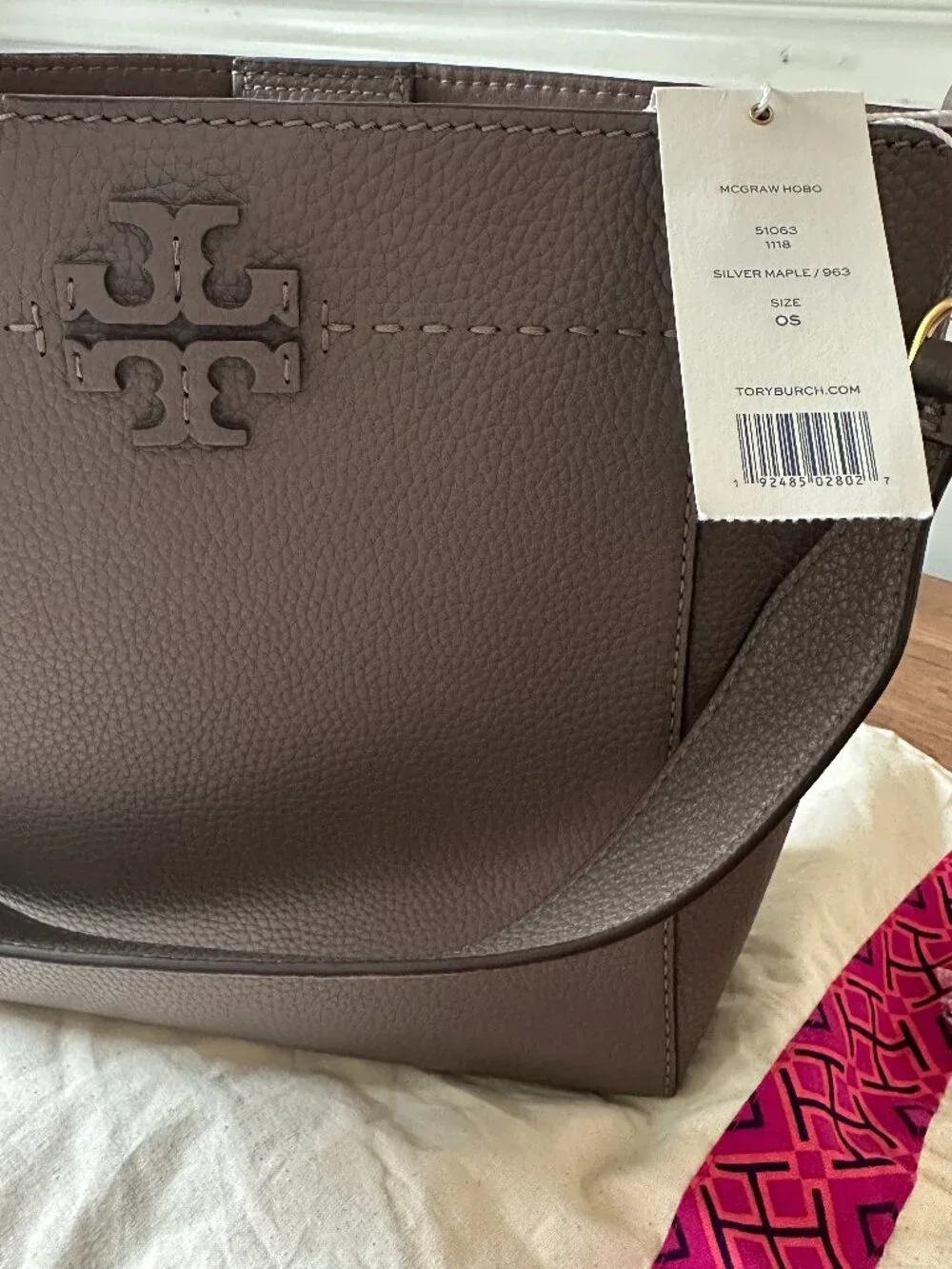 Tory Burch McGraw Hobo Bucket Back Silver Maple NWT
